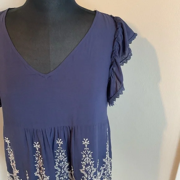 Source Unknown Blue Cream Ruffled Cap Sleeve Embroidered Boho Blouse Top Large - Picture 5 of 10